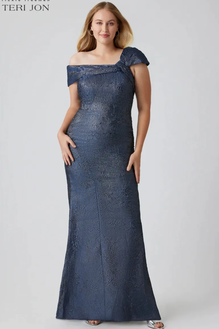 Asymmetrical Portrait Jacquard Evening Gown