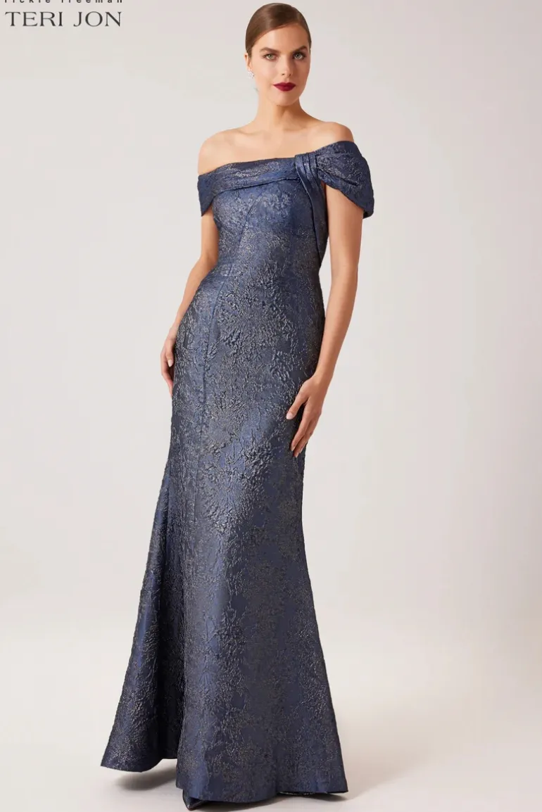 Asymmetrical Portrait Jacquard Evening Gown