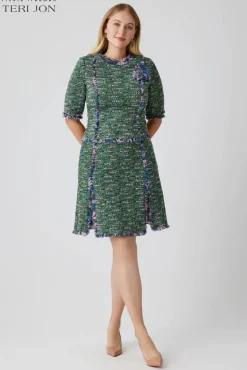 Boucle Tweed Chiffon Trim Short Sleeve Dress