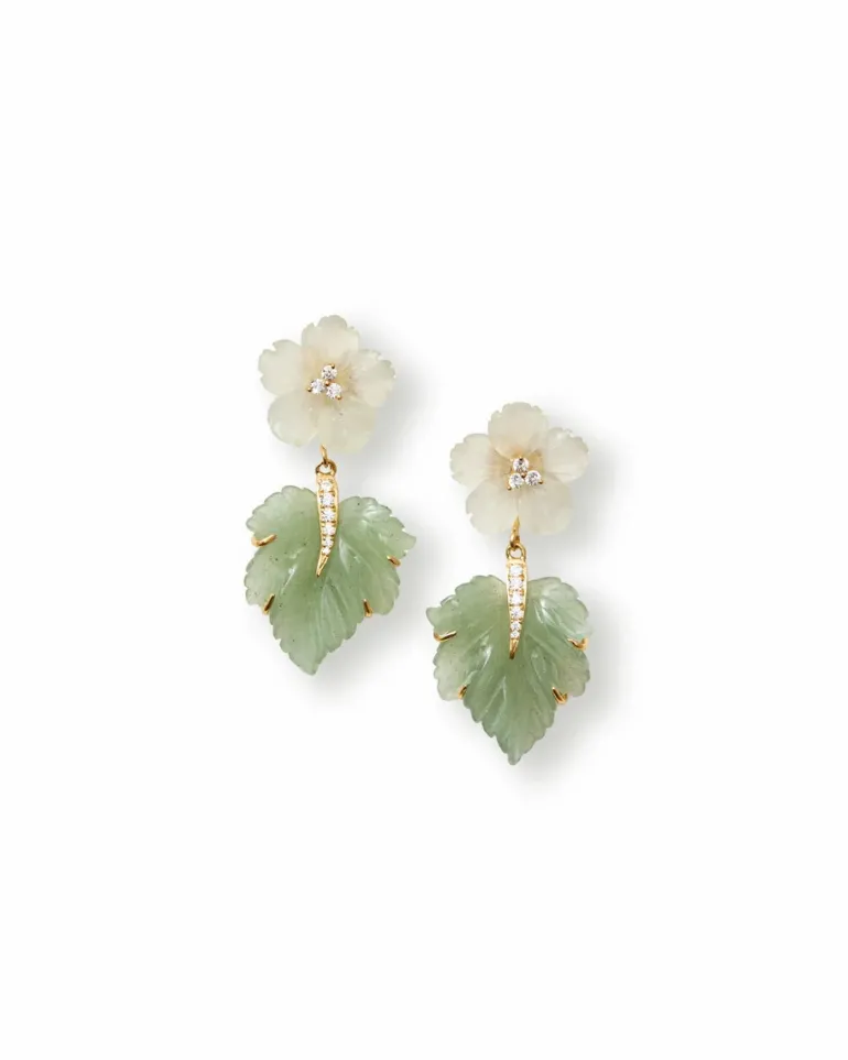 Carved Flower and Aventurine Leaf Drop Earrings