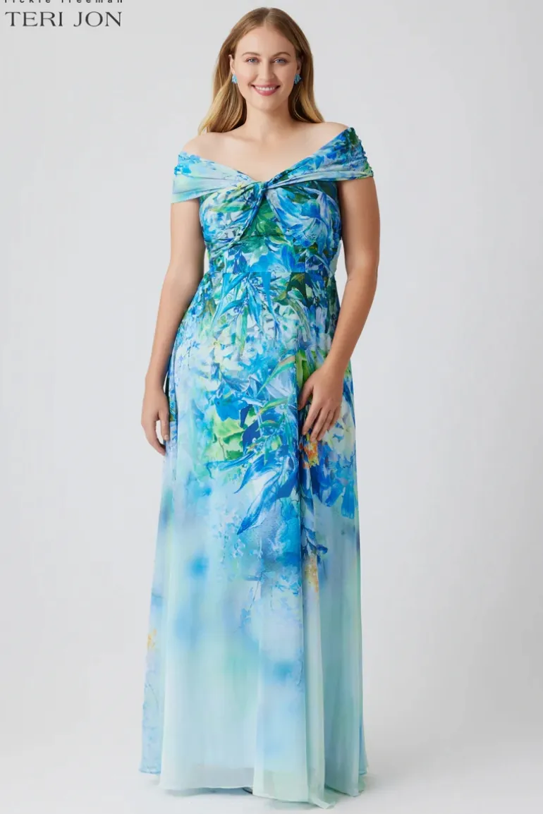 Chiffon Off The Shoulder Print Gown