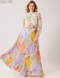 Chiffon Patchwork Floral Print Pleated Maxi Dress