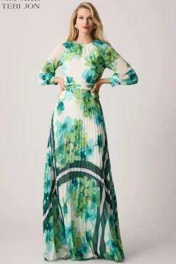 Chiffon Pleated Maxi Floral Print Gown