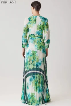 Chiffon Pleated Maxi Floral Print Gown