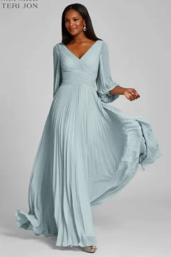 Chiffon Puff Sleeve Pleated VNeck Gown