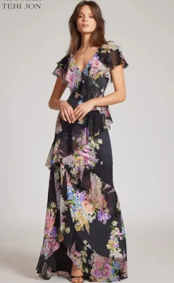 Chiffon V-Neck Ruffle Gown