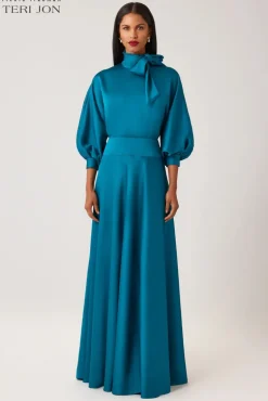 Crepe Back Satin Tie Neck Gown
