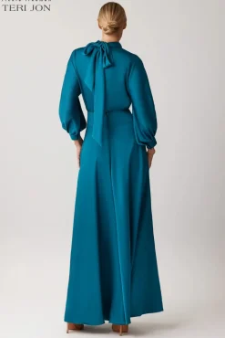 Crepe Back Satin Tie Neck Gown