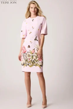 Crepe Butterfly Border Print Sheath Dress