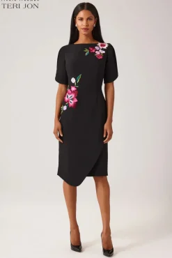 Crepe Embroidered Flower Stretch Dress