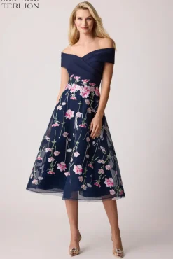 Crepe Off The Shoulder Embroidered Tulle Dress