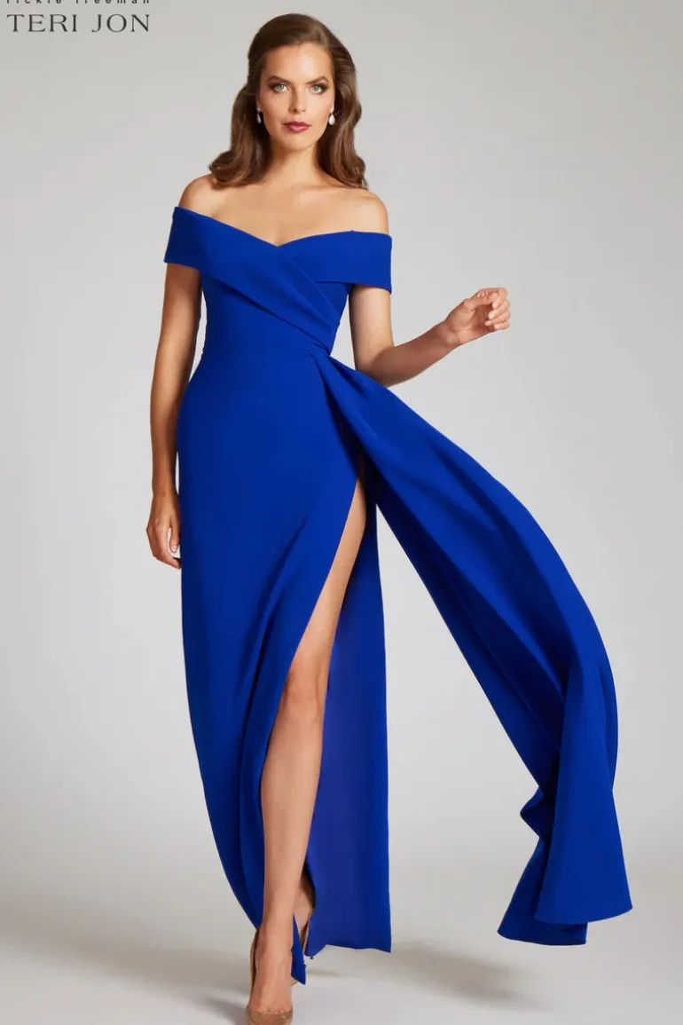 Crepe Off The Shoulder Portrait Side Drape Gown
