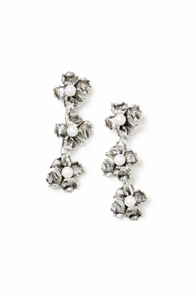 Earrings with Burnished Iris Flowers and Natural Pearls