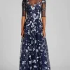 Embroidered Lace Illusion Gown With Elbow Sleeves