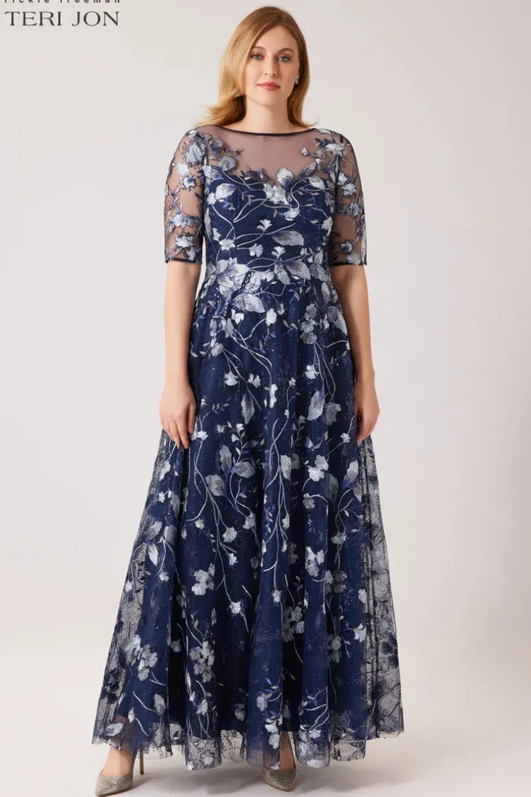 Embroidered Lace Illusion Gown With Elbow Sleeves