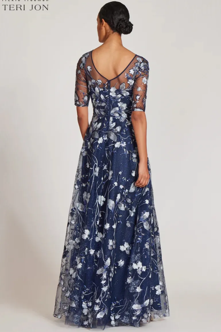 Embroidered Lace Illusion Gown With Elbow Sleeves
