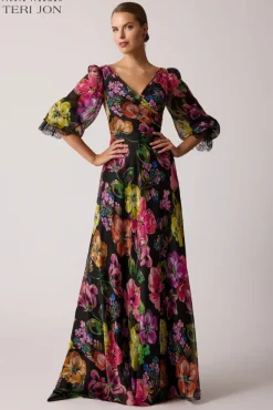 Floral Chiffon Bodice Lace Trim Sleeve Gown