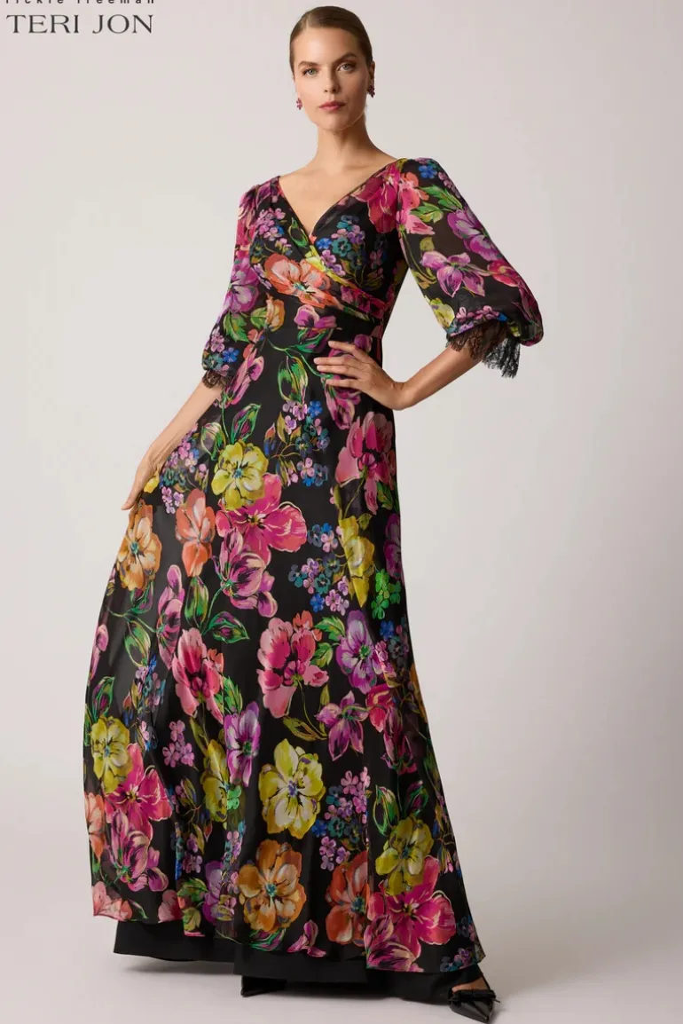 Floral Chiffon Bodice Lace Trim Sleeve Gown