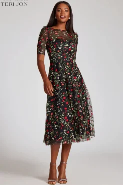Floral Embroidered Tulle Midi Dress