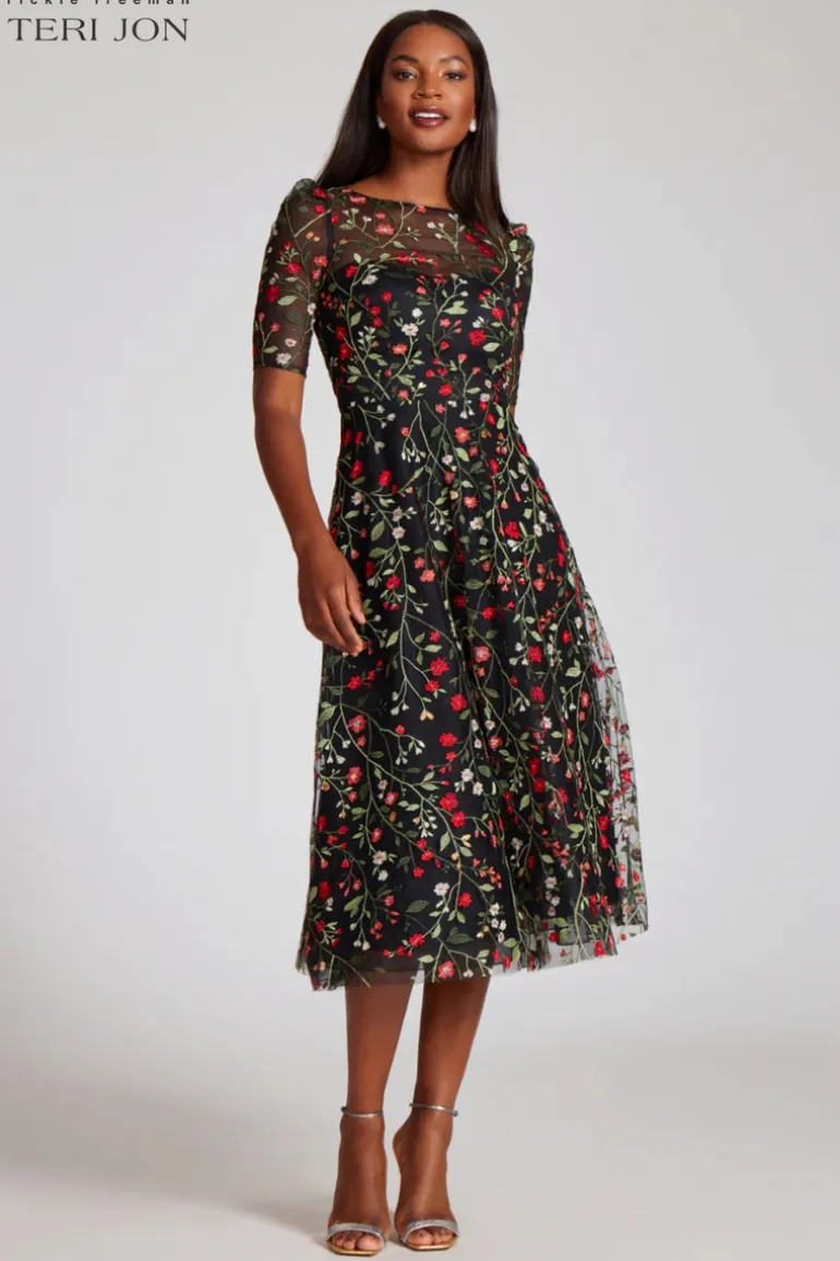 Floral Embroidered Tulle Midi Dress