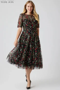 Floral Embroidered Tulle Midi Dress