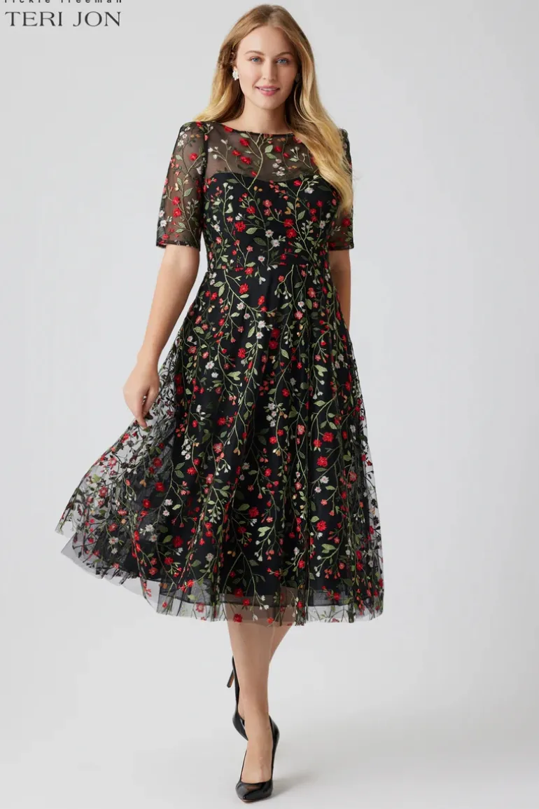 Floral Embroidered Tulle Midi Dress