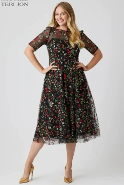 Floral Embroidered Tulle Midi Dress