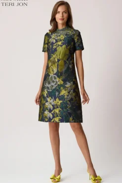 Floral Jacquard Bead Mock Neck A-Line Dress