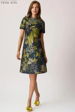 Floral Jacquard Bead Mock Neck A-Line Dress