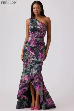 Floral Jacquard One Shoulder Evening Gown