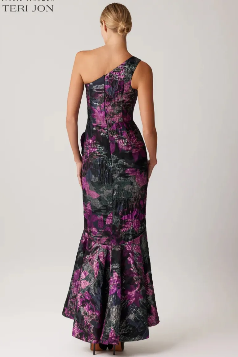Floral Jacquard One Shoulder Evening Gown