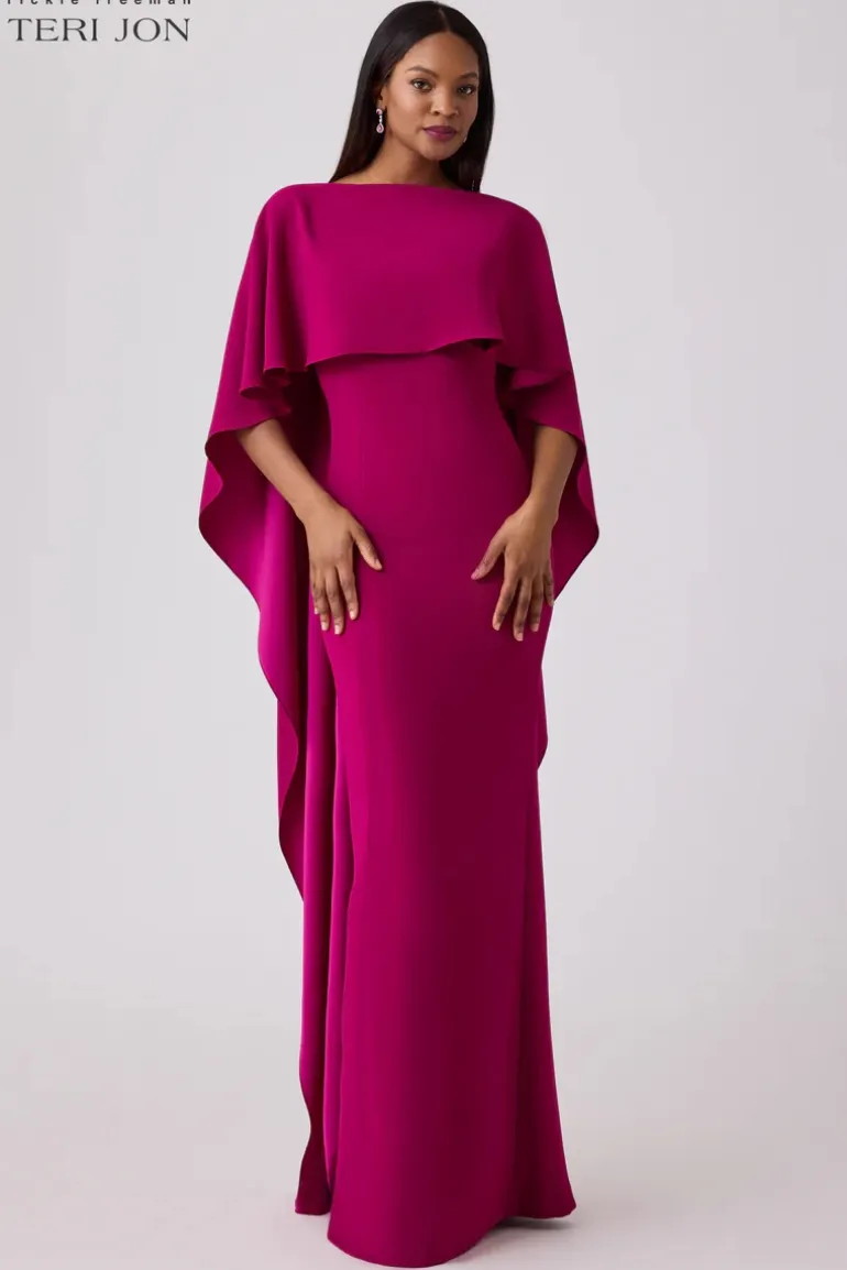 Formal Crepe Gown With Satin Back Capelet