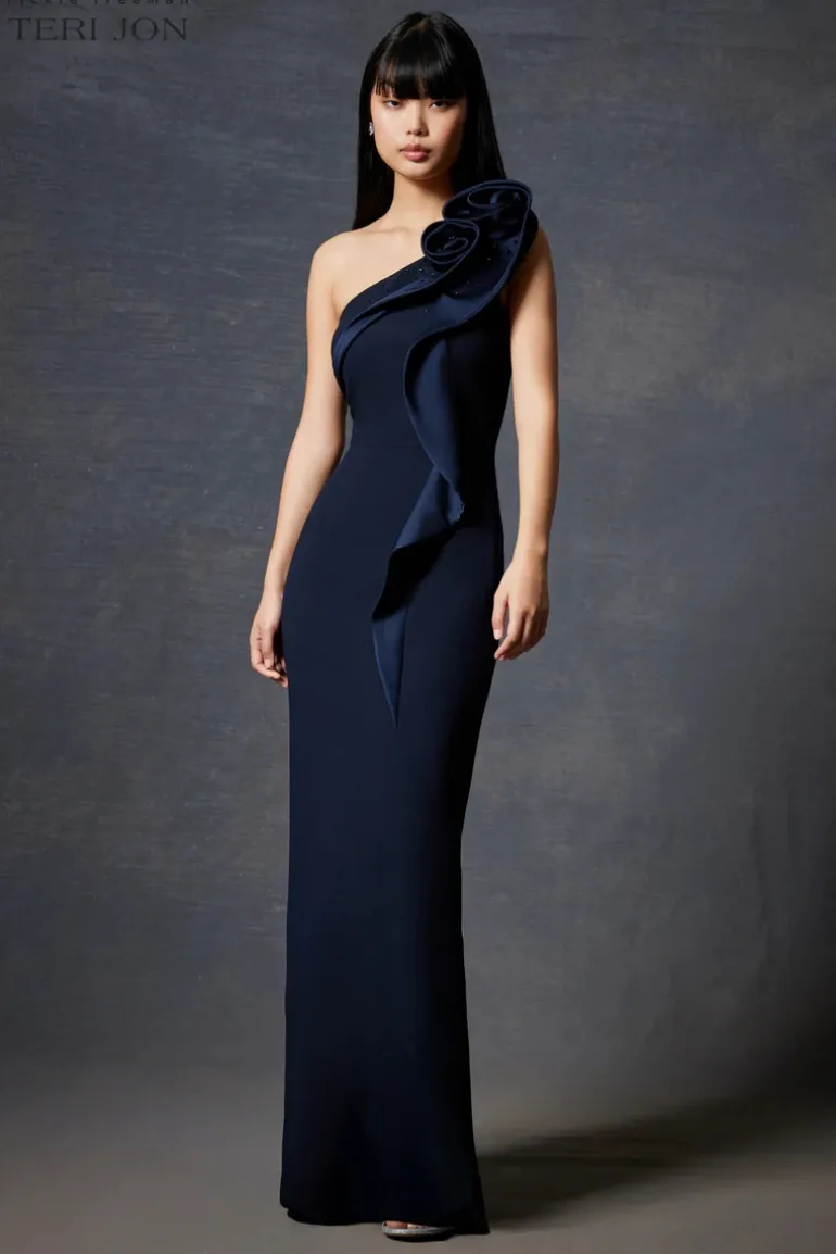 Formal Crepe Trim Self Flower Gown