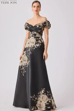 Formal Metallic Jacquard Floral Evening Gown