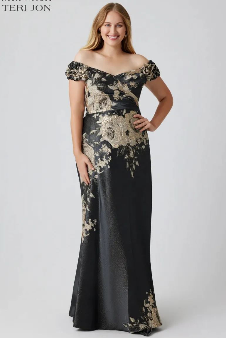 Formal Metallic Jacquard Floral Evening Gown