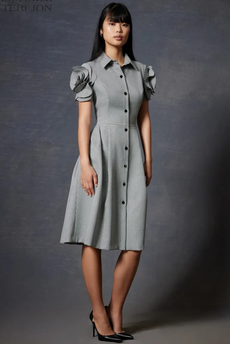 Houndstooth Shirt Waist Dress With Rhinestone
