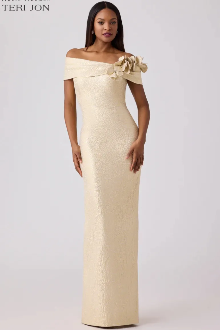 Jacquard 3D Flower Column Gown
