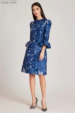 Jacquard Floral 3/4 Sleeve Flounce Cuff Dress