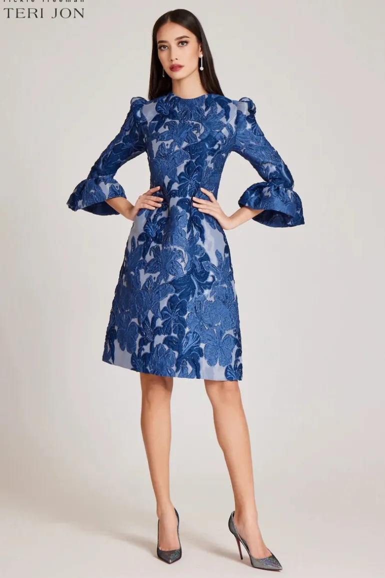 Jacquard Floral 3/4 Sleeve Flounce Cuff Dress