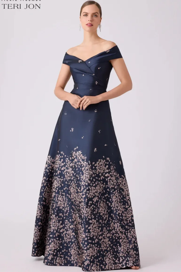 Jacquard Floral Border Cuff Bodice Gown