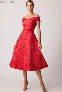 Jacquard Floral Off Shoulder Fit N Flare Dress