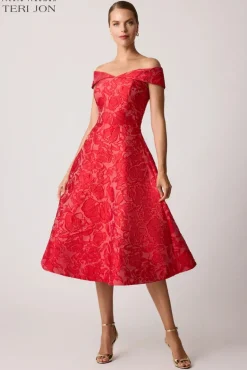 Jacquard Floral Off Shoulder Fit N Flare Dress