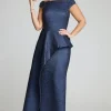 Jacquard Off The Shoulder Side Drape Overlay Gown