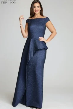 Jacquard Off The Shoulder Side Drape Overlay Gown