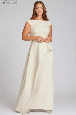 Jacquard Off The Shoulder Side Drape Overlay Gown