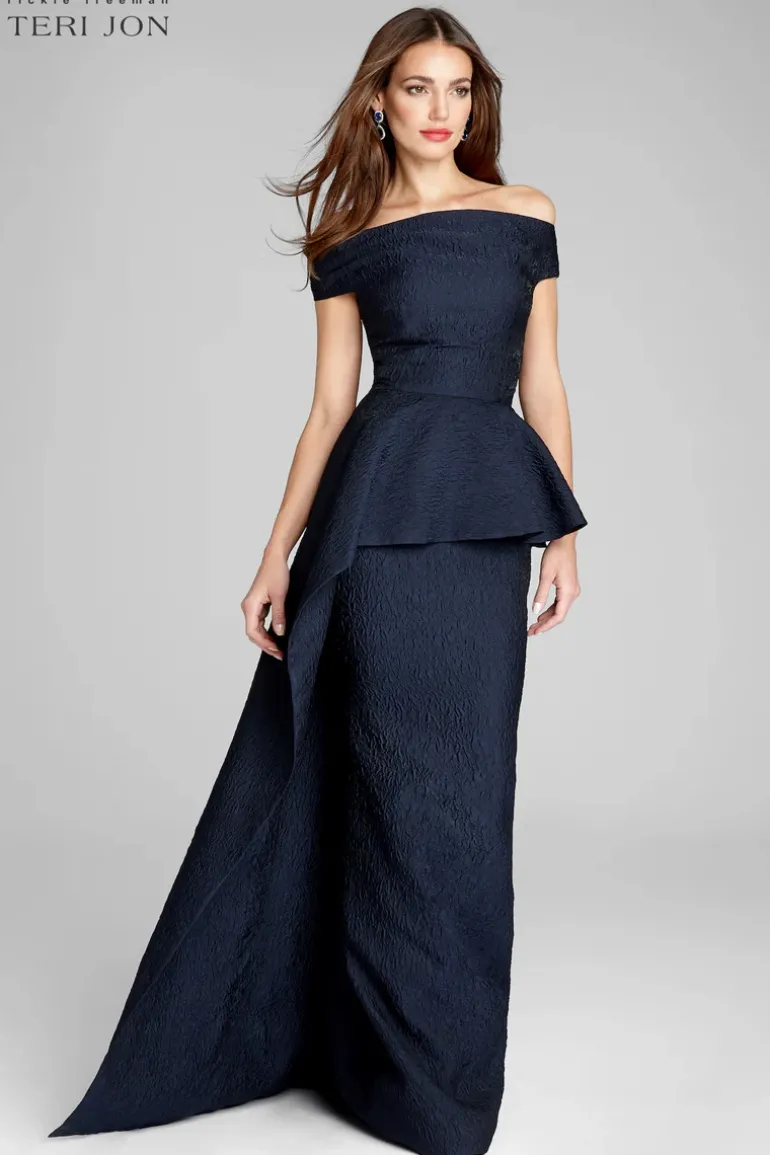 Jacquard Off The Shoulder Side Drape Overlay Gown