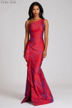 Jacquard One Shoulder Ruched Side Peplum Print Gown