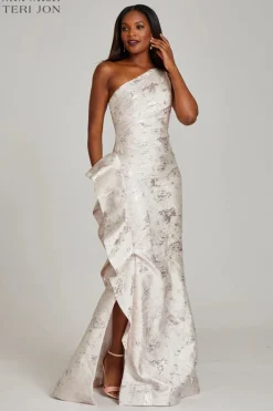 Jacquard One Shoulder Side Ruffle Gown