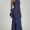 Jacquard One Shoulder Side Ruffle Gown