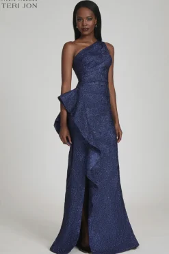 Jacquard One Shoulder Side Ruffle Gown